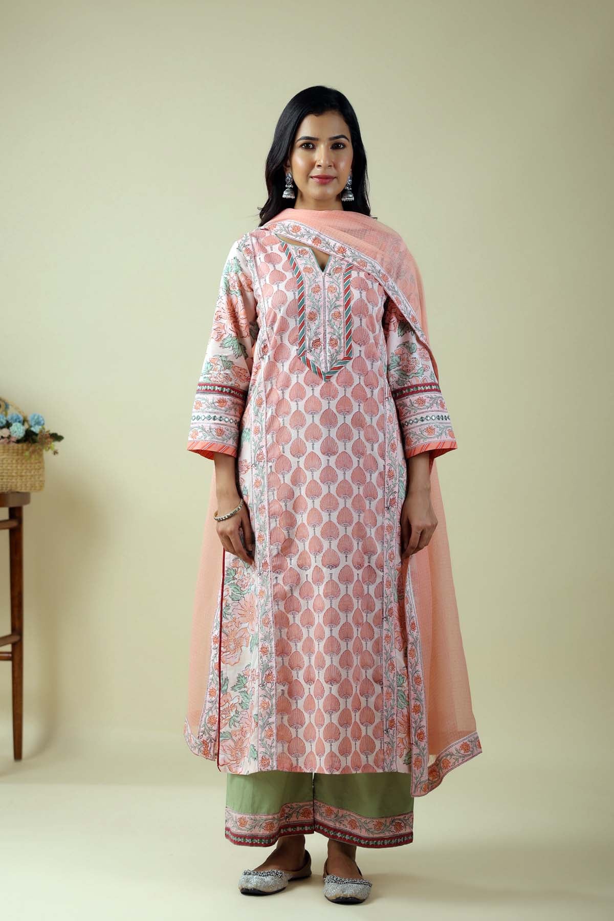 Peach A-Line Kurta In Hand Block Cotton