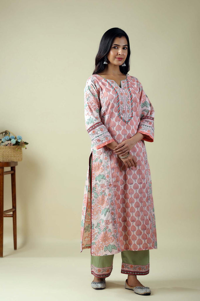 Peach A-Line Kurta In Hand Block Cotton