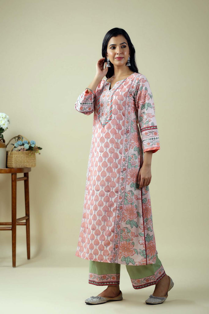 Peach A-Line Kurta In Hand Block Cotton