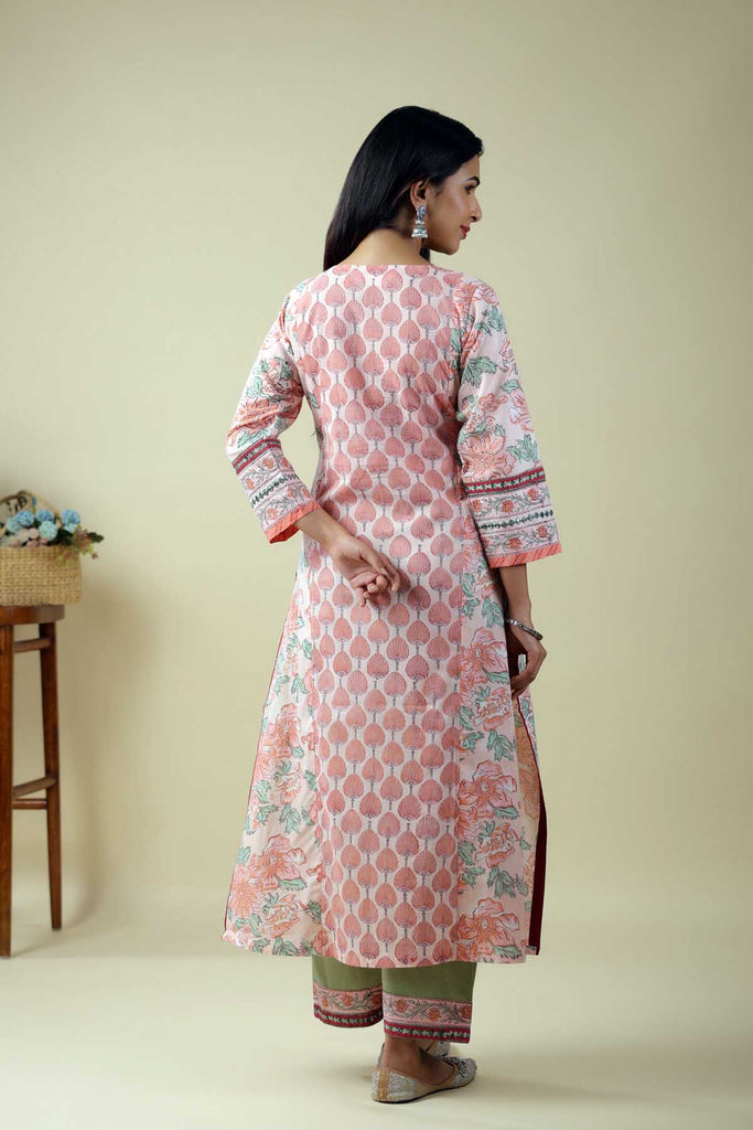 Peach A-Line Kurta In Hand Block Cotton