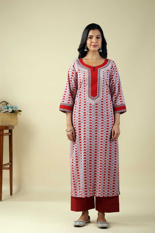 Straight Fit Onion Red Kurta In Handblock Cotton