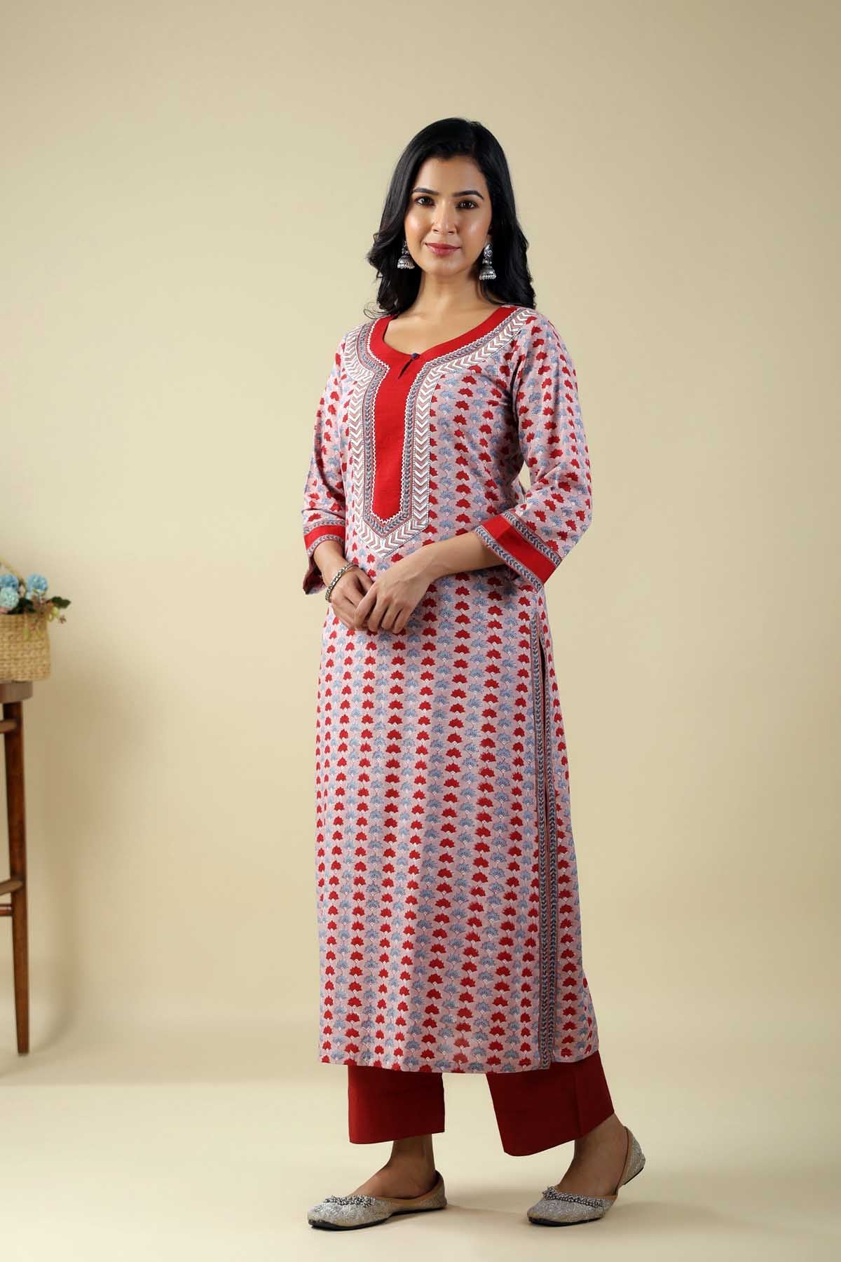 Straight Fit Onion Red Kurta In Handblock Cotton