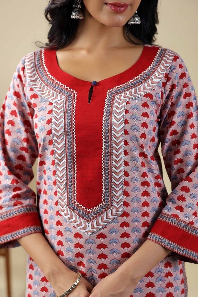 Straight Fit Onion Red Kurta In Handblock Cotton