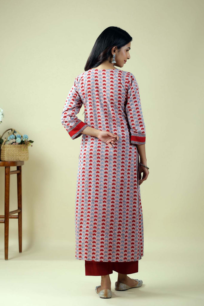 Straight Fit Onion Red Kurta In Handblock Cotton