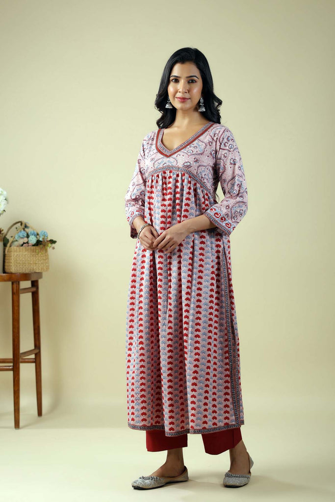 Long Length A-Line Kurta In Onion Red Cotton