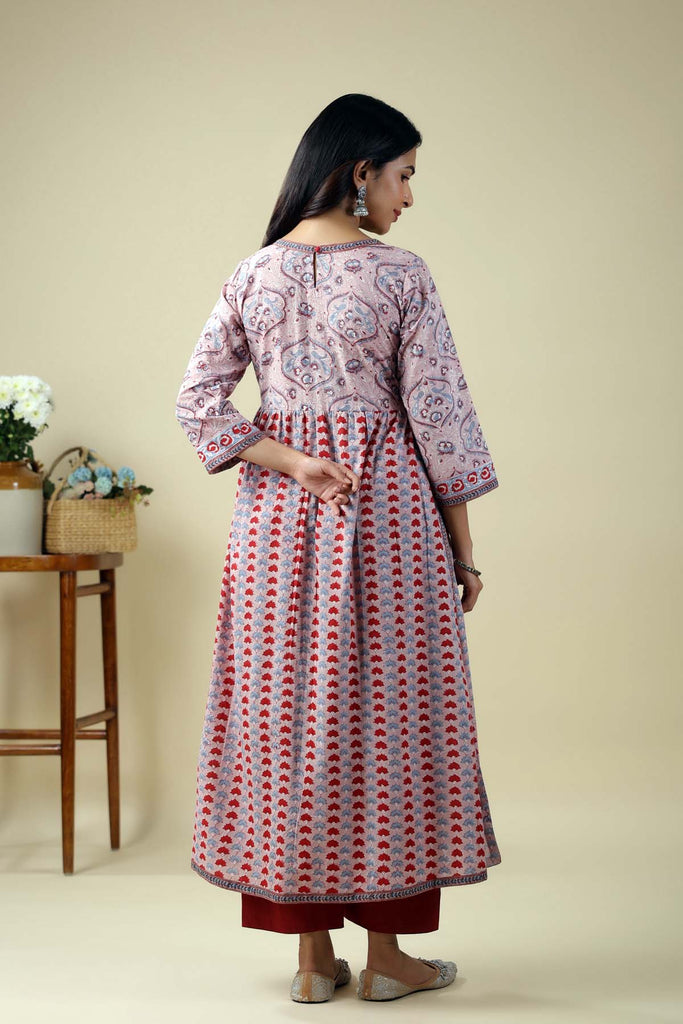 Long Length A-Line Kurta In Onion Red Cotton