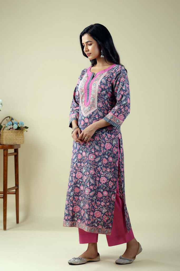 Straight Fit Hand Block Printed Kurta In Purple Color