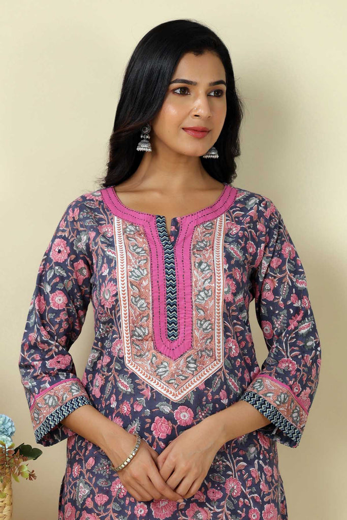 Straight Fit Hand Block Printed Kurta In Purple Color