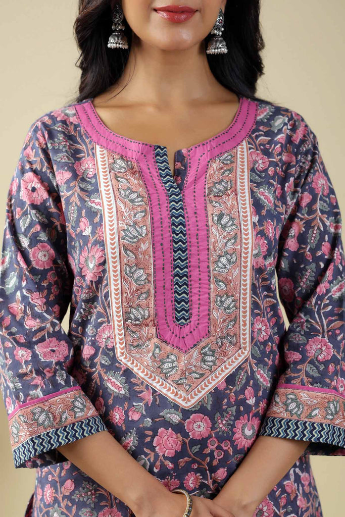 Straight Fit Hand Block Printed Kurta In Purple Color