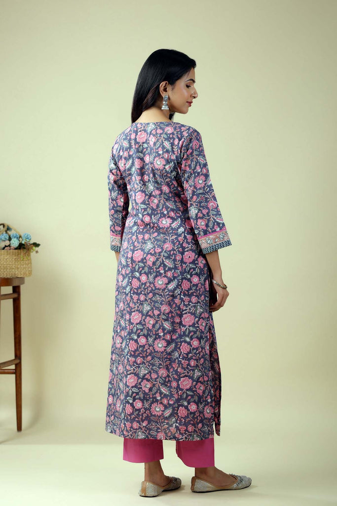 Straight Fit Hand Block Printed Kurta In Purple Color