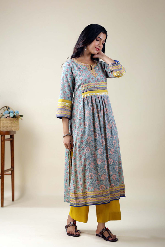 Long Length A-Line Kurta In Light Grey Cotton