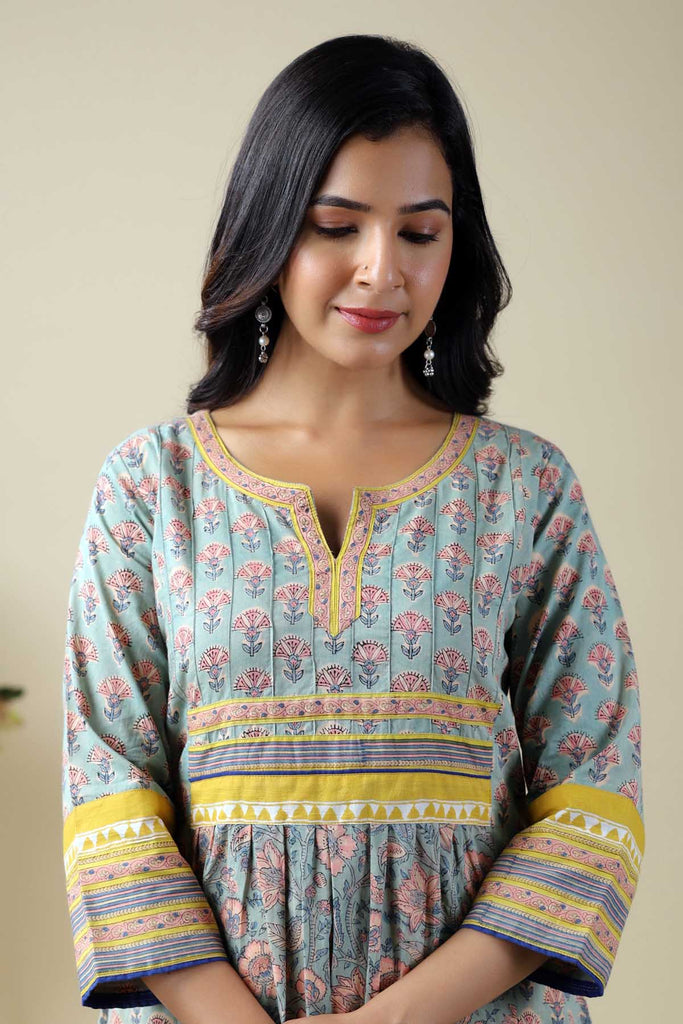Long Length A-Line Kurta In Light Grey Cotton