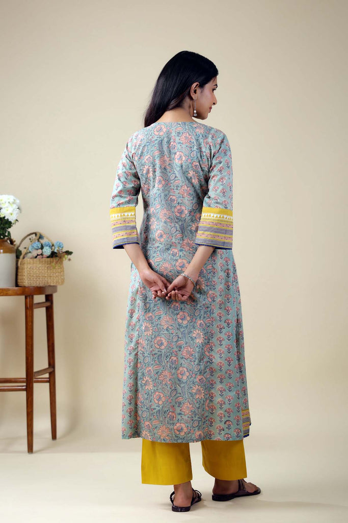 Long Length A-Line Kurta In Light Grey Cotton