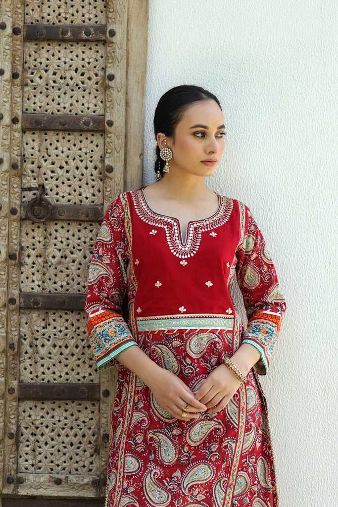 Red Straight Fit Kurta In Hand Block Cotton