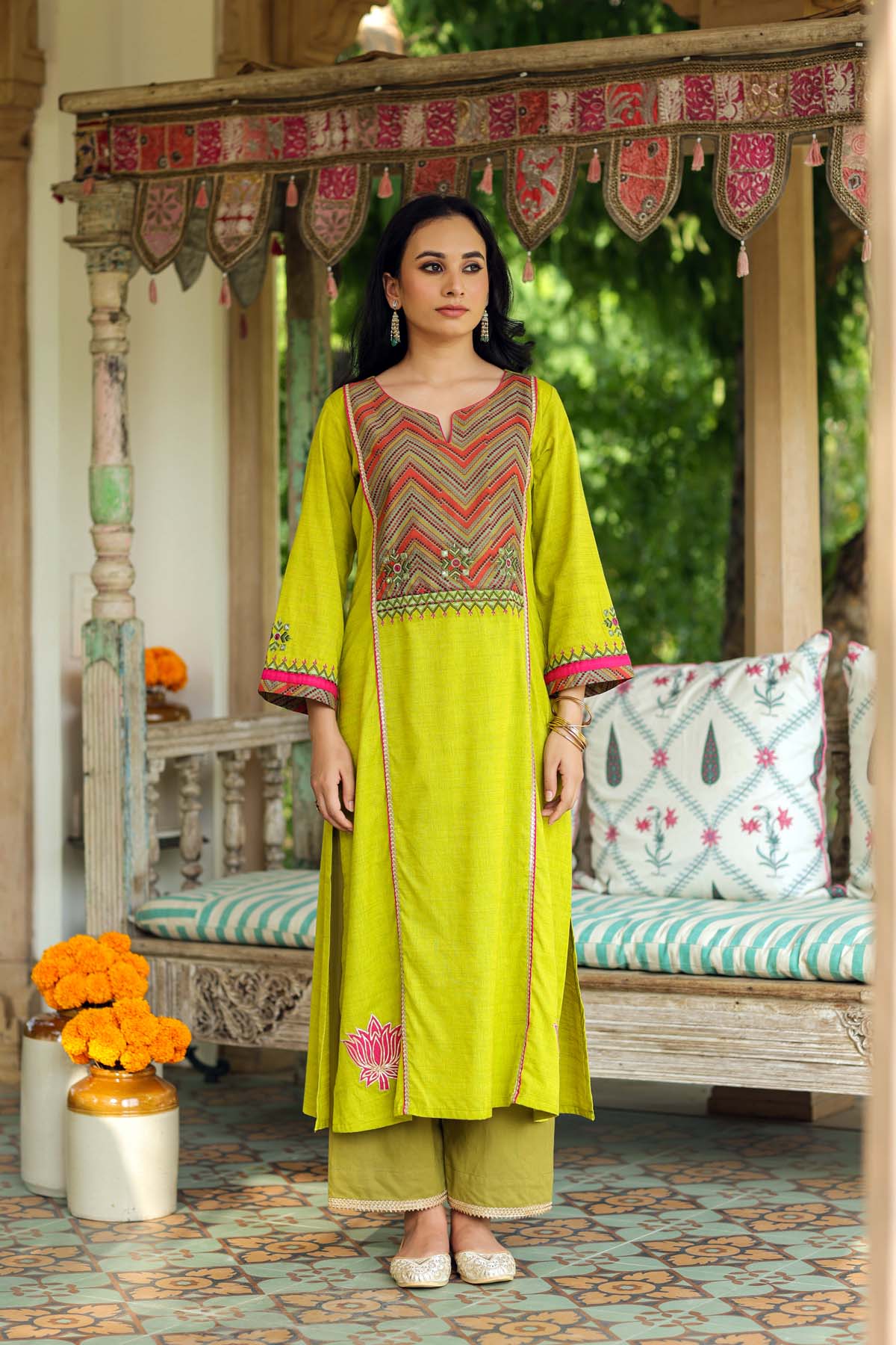 A-Line Mehndi Green Kurta In Handloom Cotton