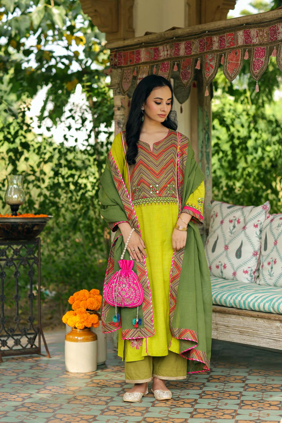 A-Line Mehndi Green Kurta In Handloom Cotton