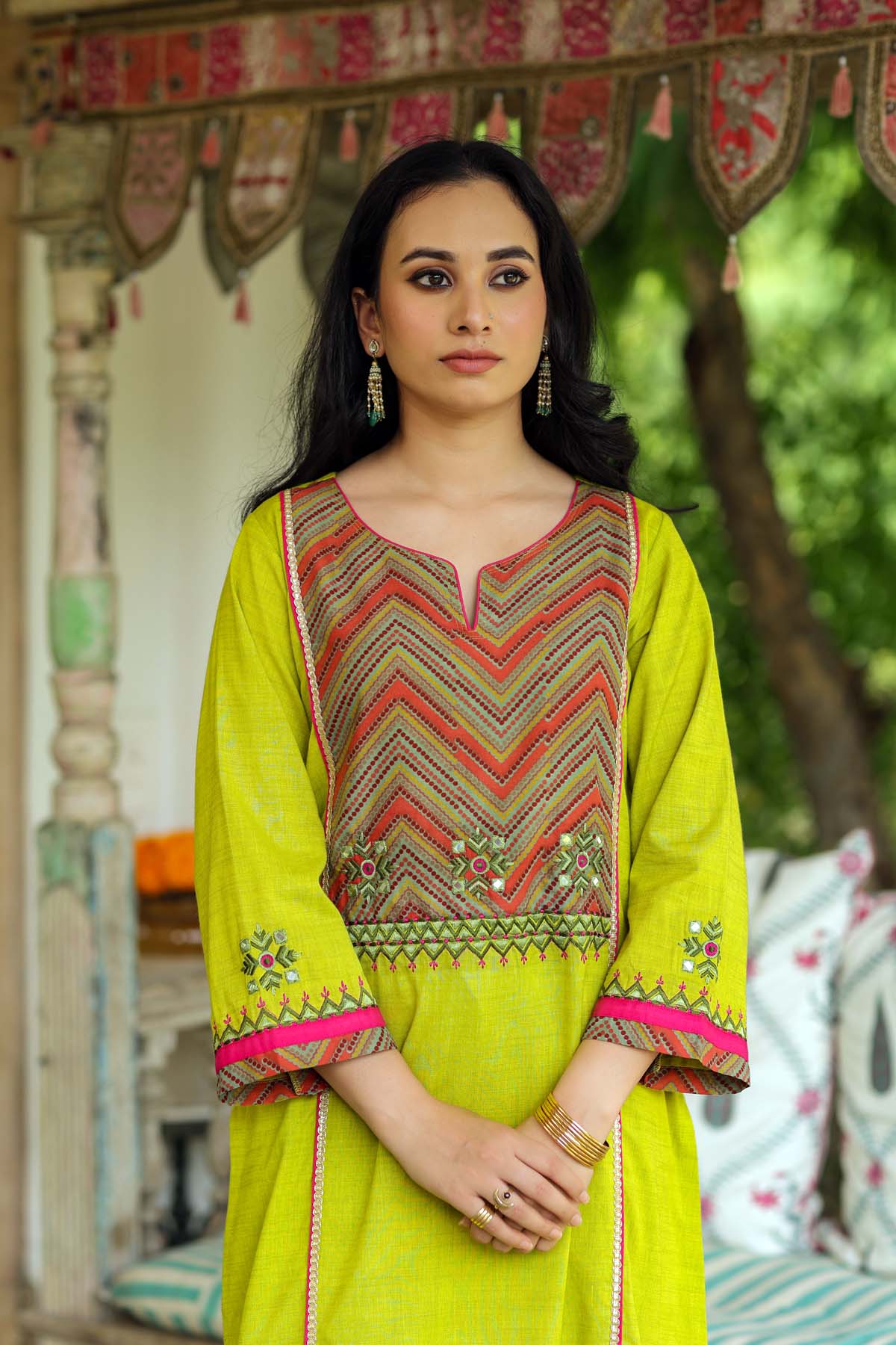 A-Line Mehndi Green Kurta In Handloom Cotton