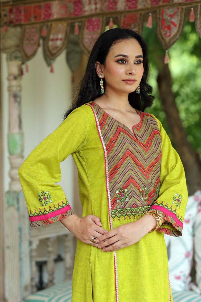 A-Line Mehndi Green Kurta In Handloom Cotton