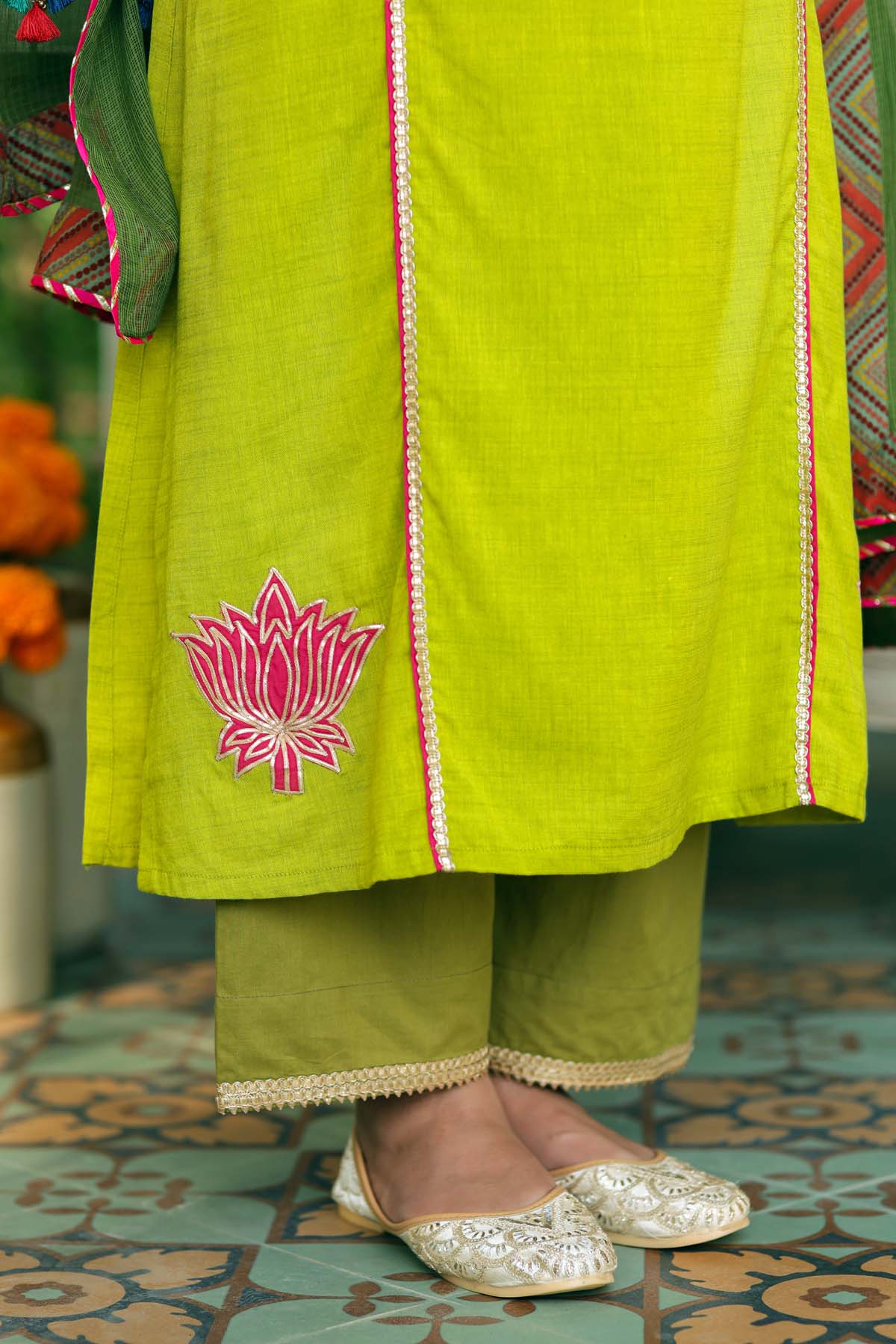 A-Line Mehndi Green Kurta In Handloom Cotton