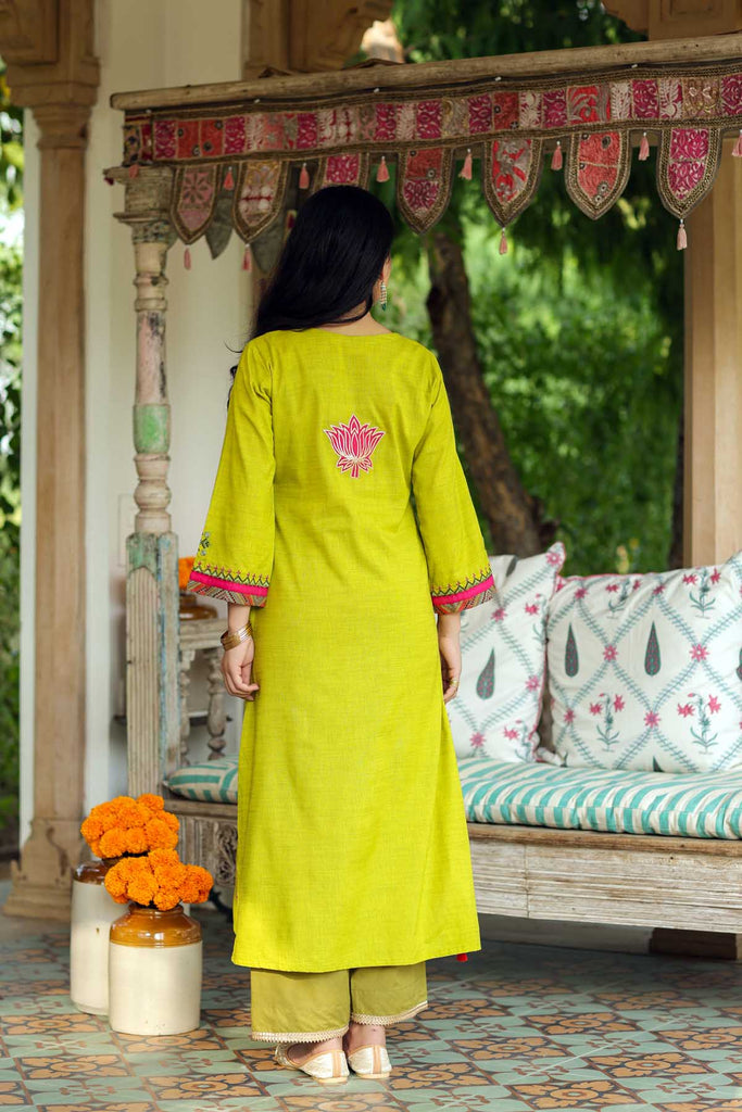 A-Line Mehndi Green Kurta In Handloom Cotton