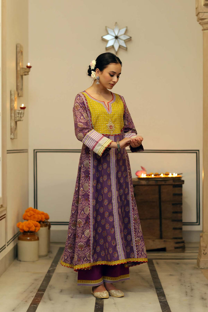 Long Length A-Line Kurta In Purple Cotton Fabric