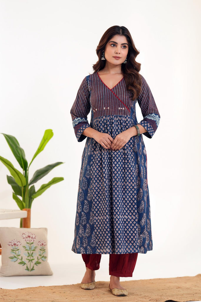 Indigo Blue A-line Kurta In Bagru Print Cotton