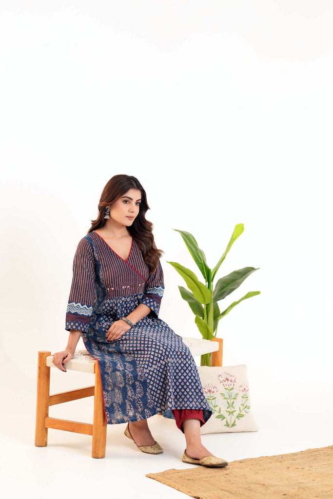 Indigo Blue A-line Kurta In Bagru Print Cotton