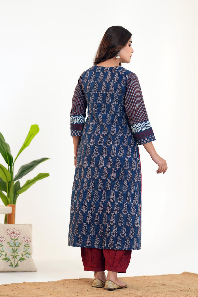 Indigo Blue A-line Kurta In Bagru Print Cotton
