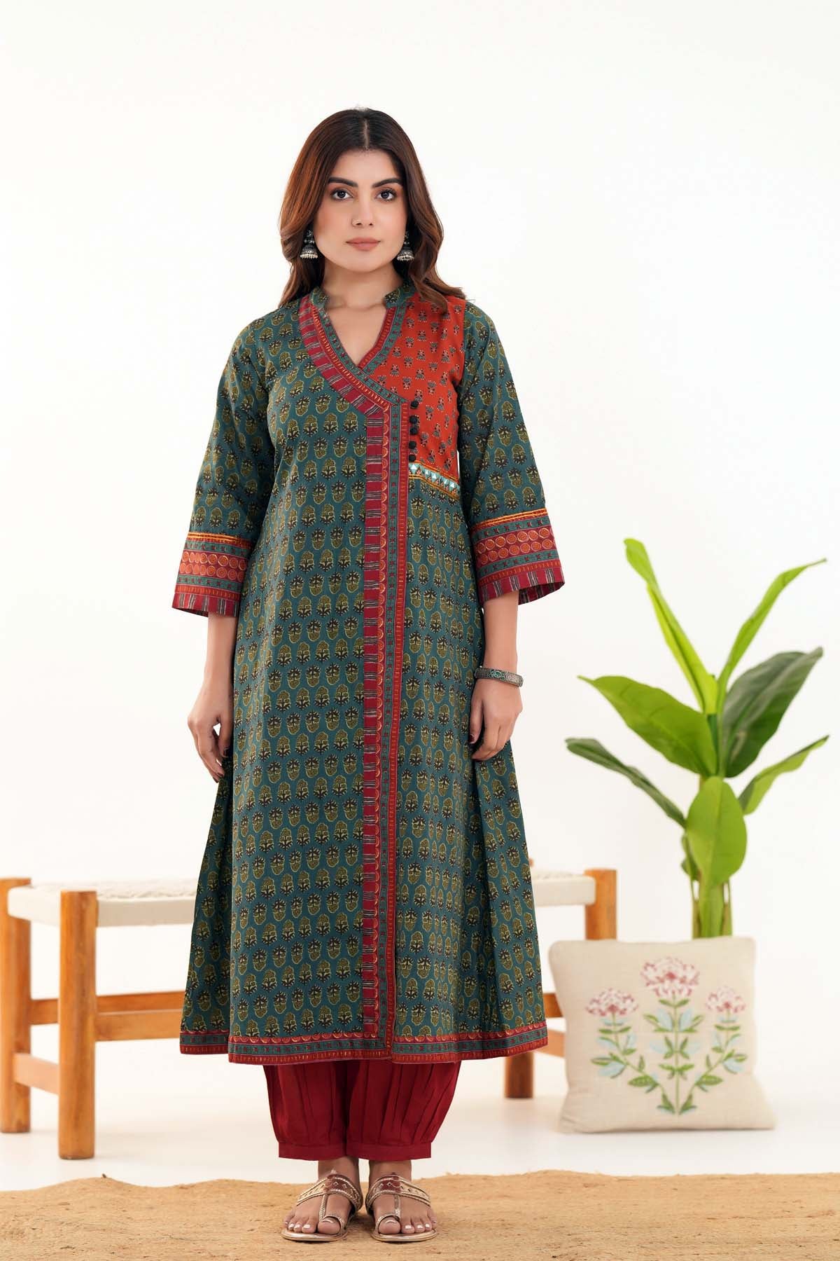 Long Length Angrakha Style Kurta In Deep Olive Green Color