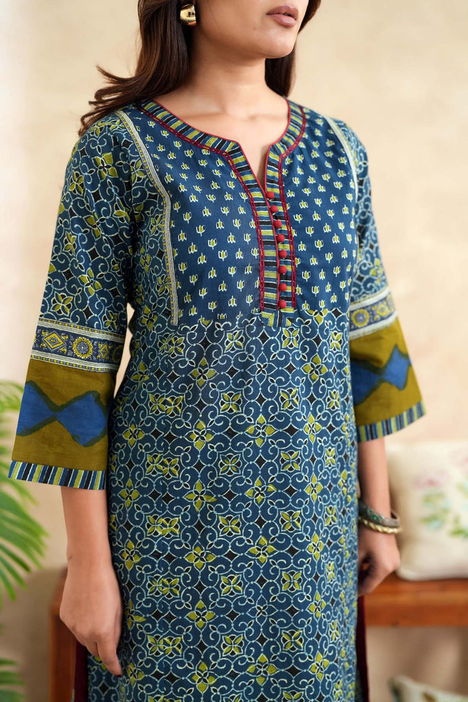 Indigo Blue A-Line Fit Kurta In Cotton Fabric