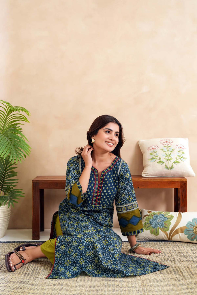 Indigo Blue A-Line Fit Kurta In Cotton Fabric