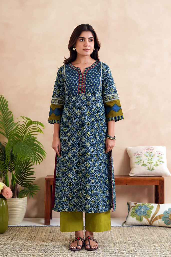 Indigo Blue A-Line Fit Kurta In Cotton Fabric