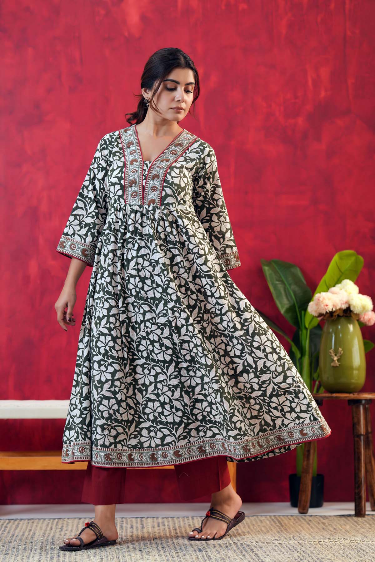 Dark Mehndi Green Kurta In Hand Block Cotton