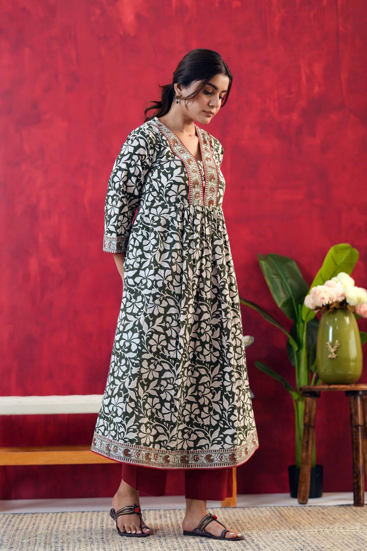 Dark Mehndi Green Kurta In Hand Block Cotton