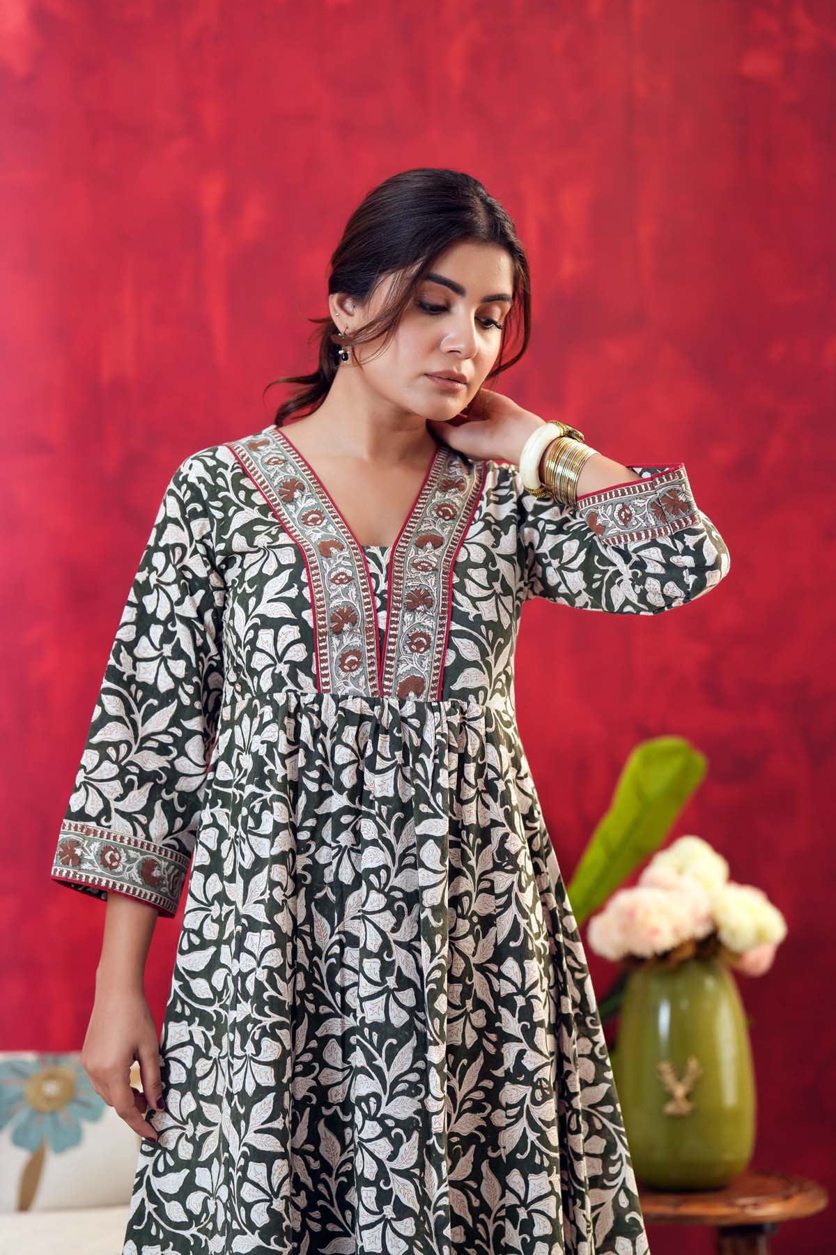 Dark Mehndi Green Kurta In Hand Block Cotton