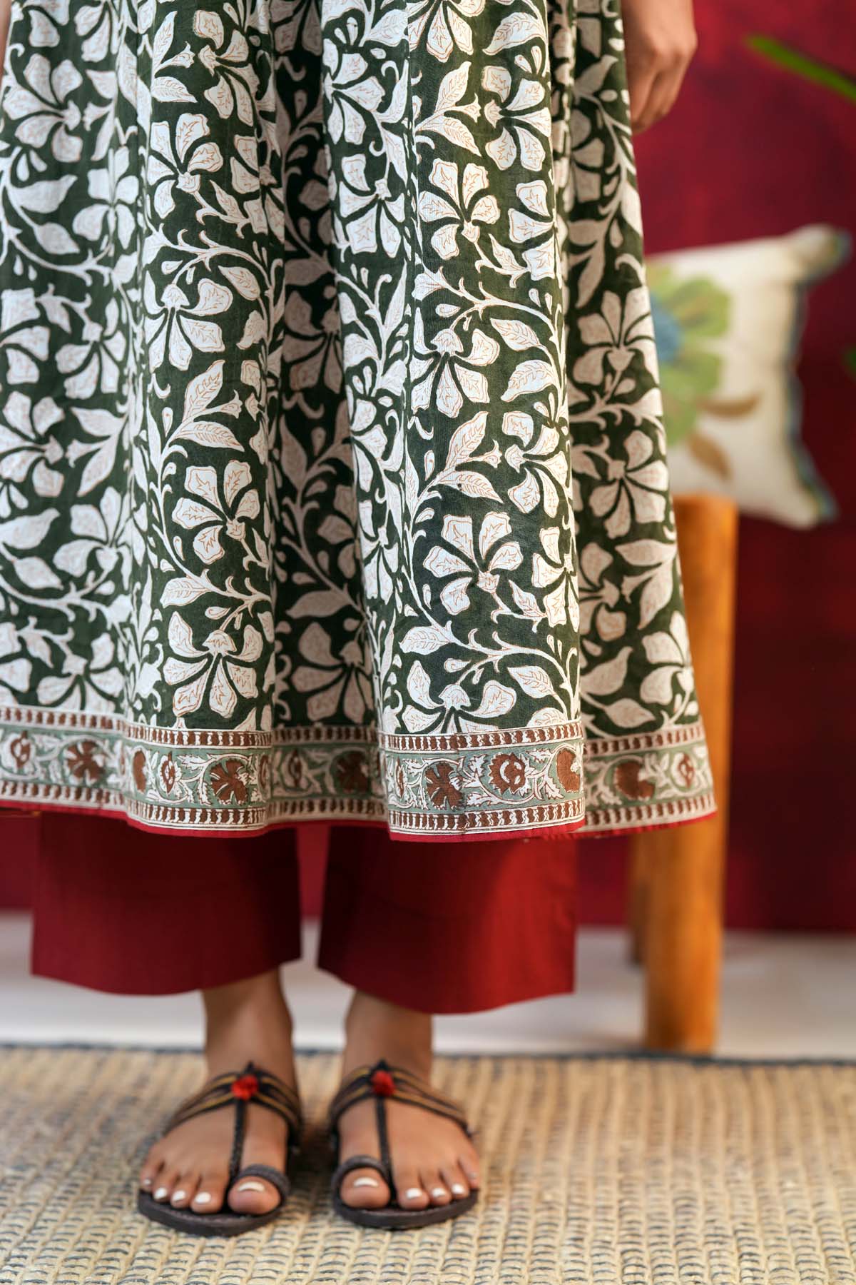 Dark Mehndi Green Kurta In Hand Block Cotton