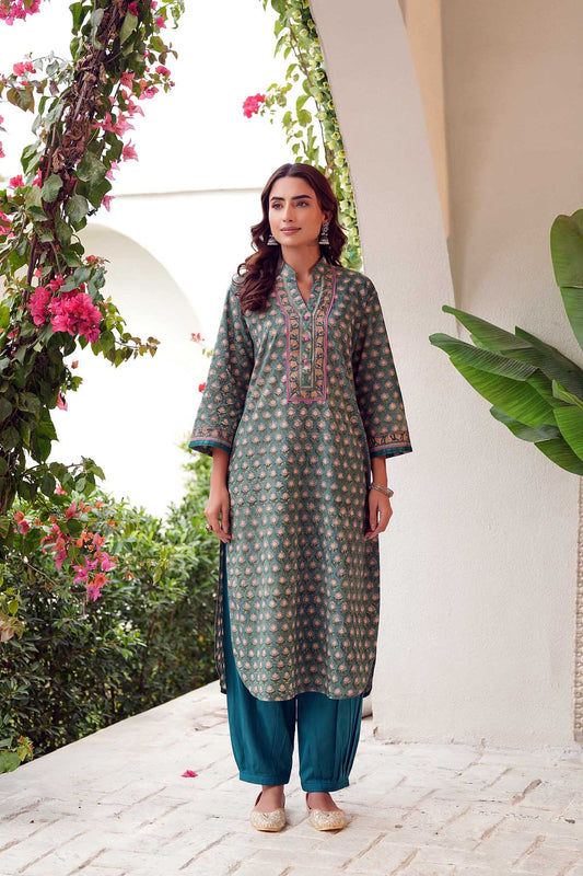 Green Pathani Style Kurta In Hand Block Cotton