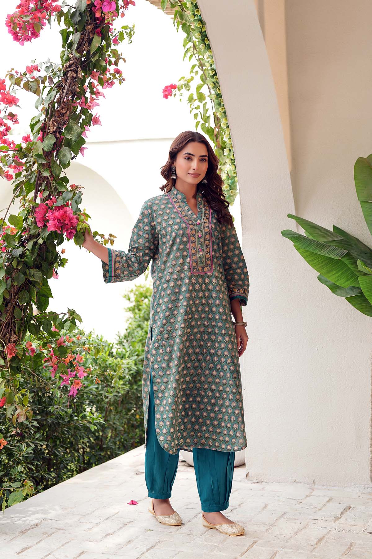 Green Pathani Style Kurta In Hand Block Cotton