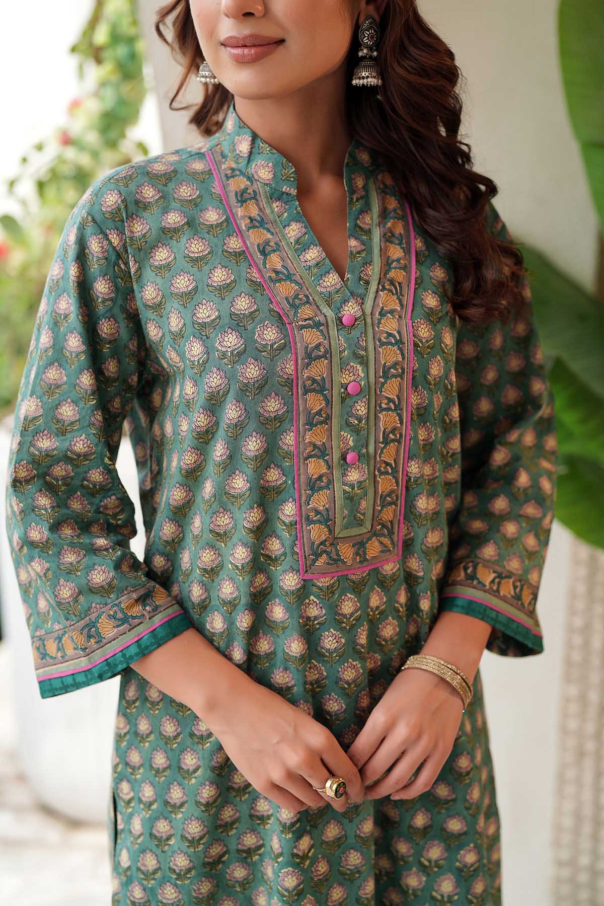 Green Pathani Style Kurta In Hand Block Cotton