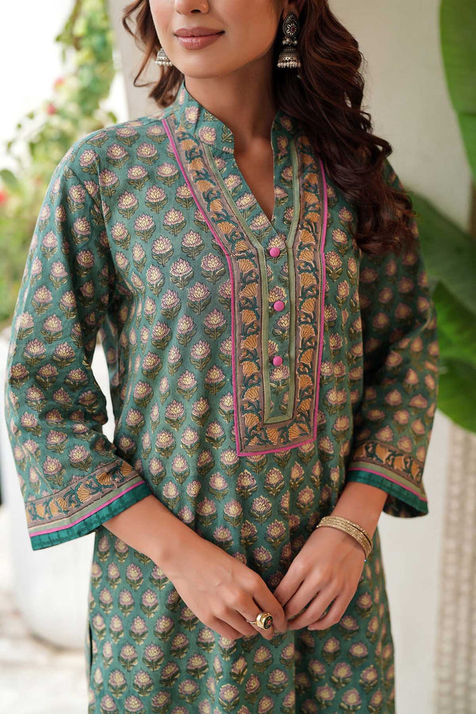 Green Pathani Style Kurta In Hand Block Cotton