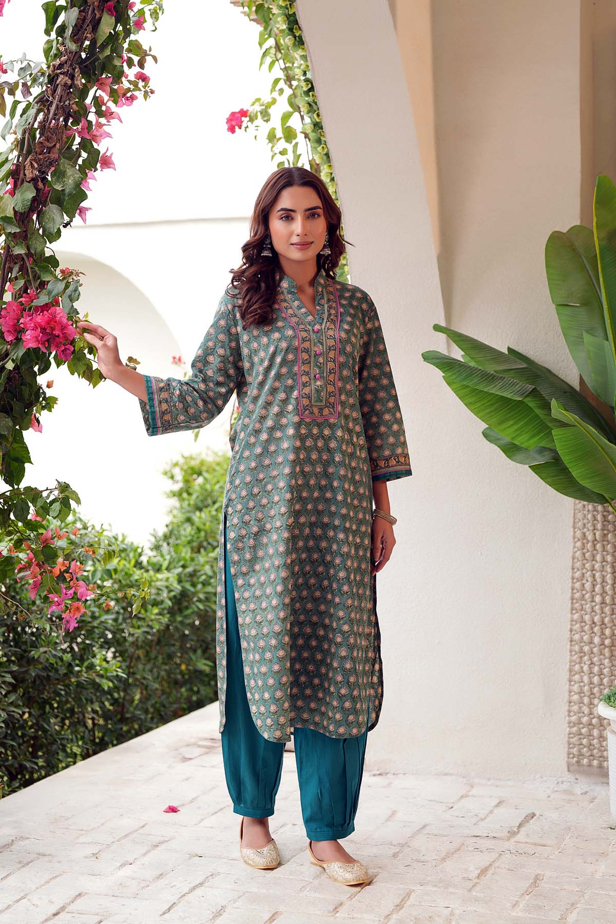 Green Pathani Style Kurta In Hand Block Cotton