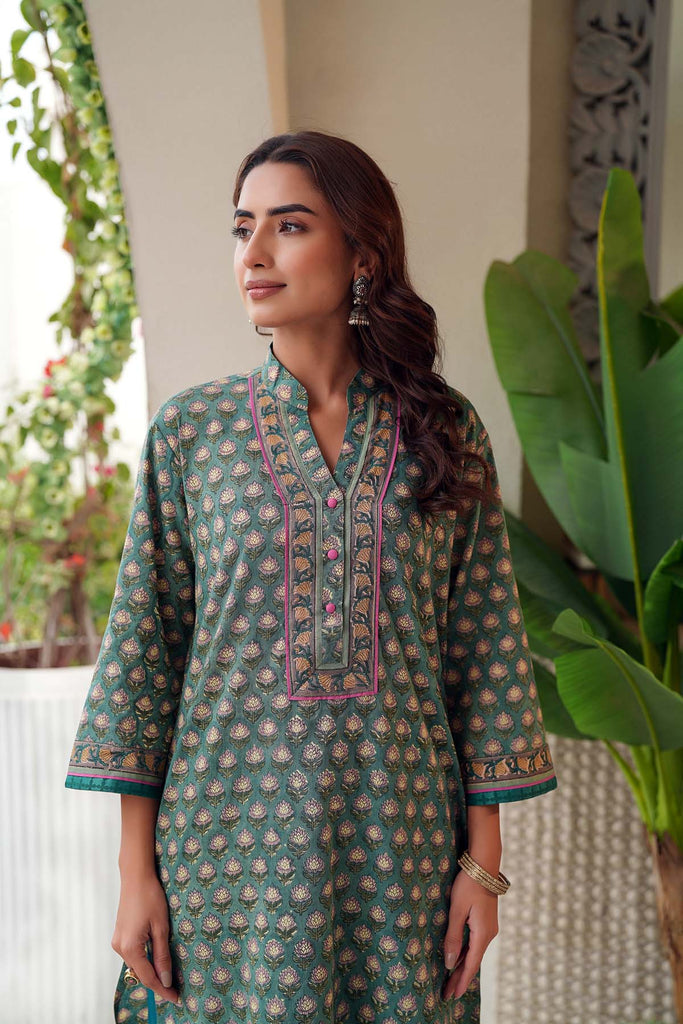 Green Pathani Style Kurta In Hand Block Cotton