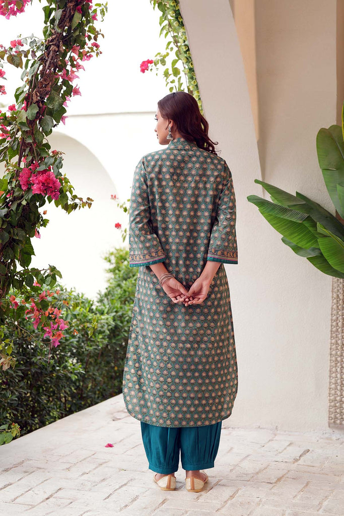 Green Pathani Style Kurta In Hand Block Cotton