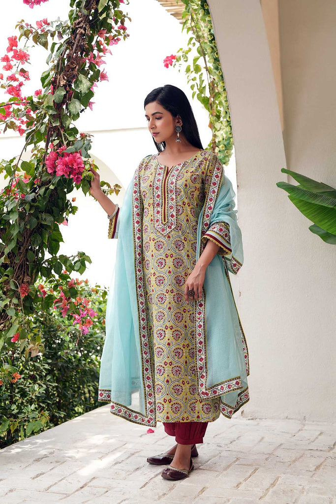 Light green Straight Fit Kurta In Hand Block Cotton