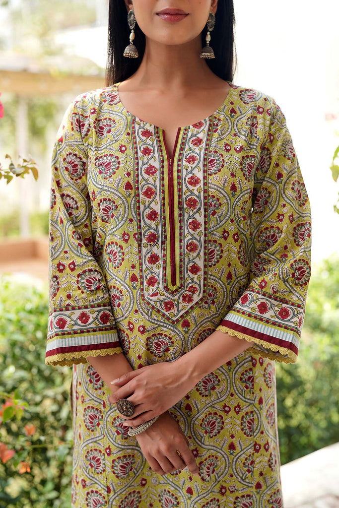 Light green Straight Fit Kurta In Hand Block Cotton