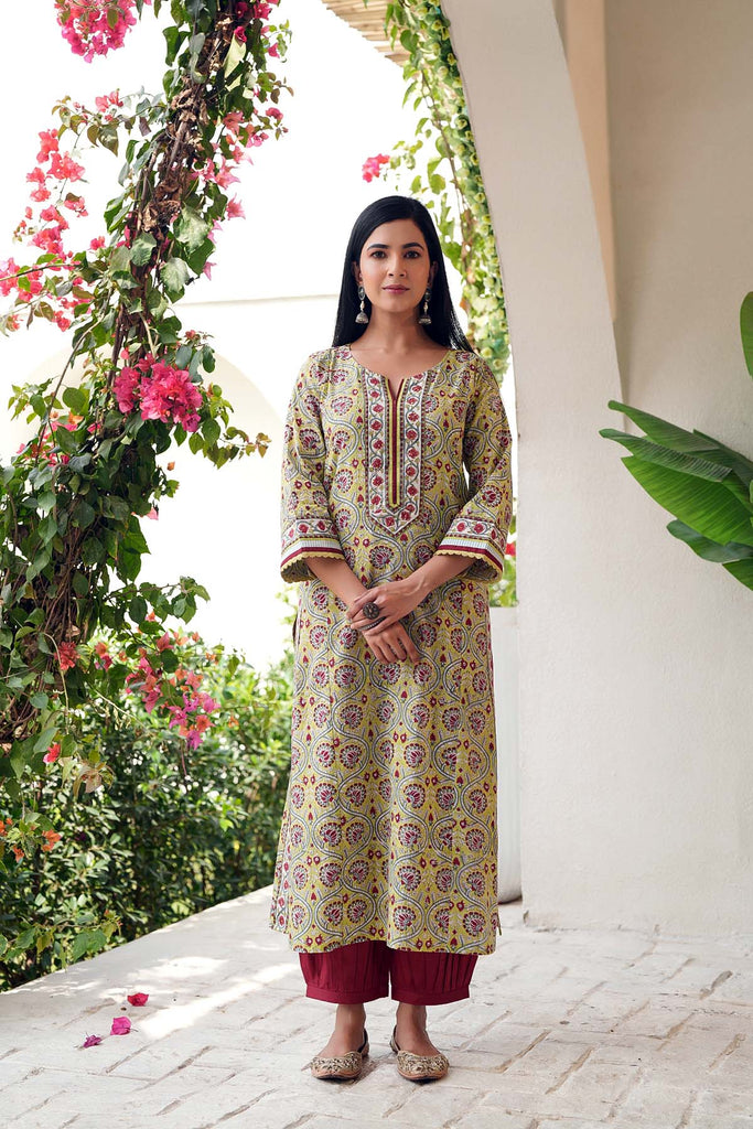 Light green Straight Fit Kurta In Hand Block Cotton
