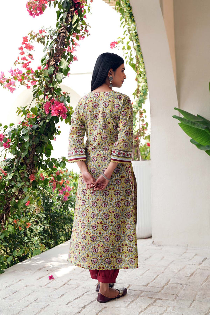 Light green Straight Fit Kurta In Hand Block Cotton