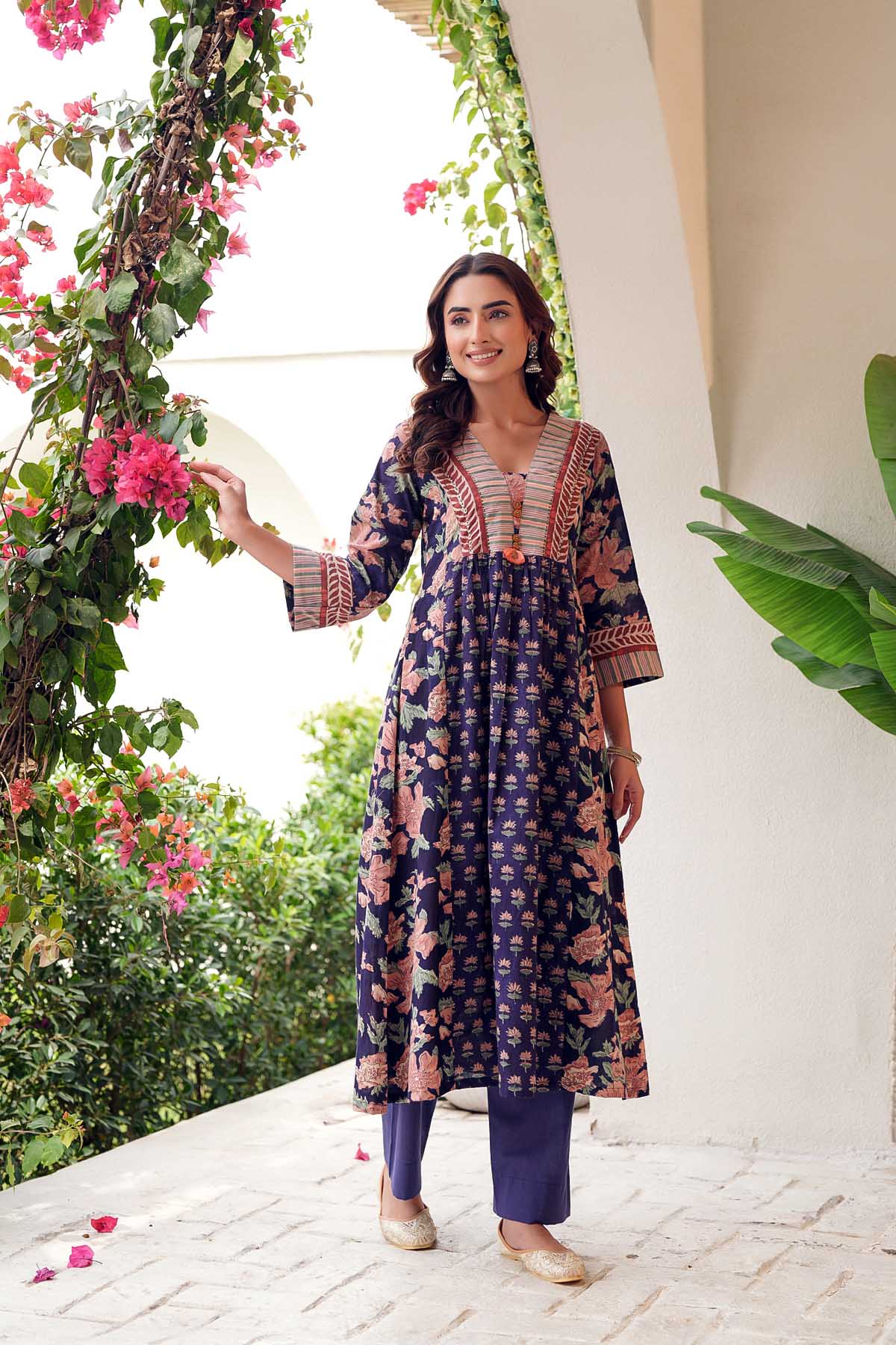 A-Line Long Length Kurta In Purple Floral Print