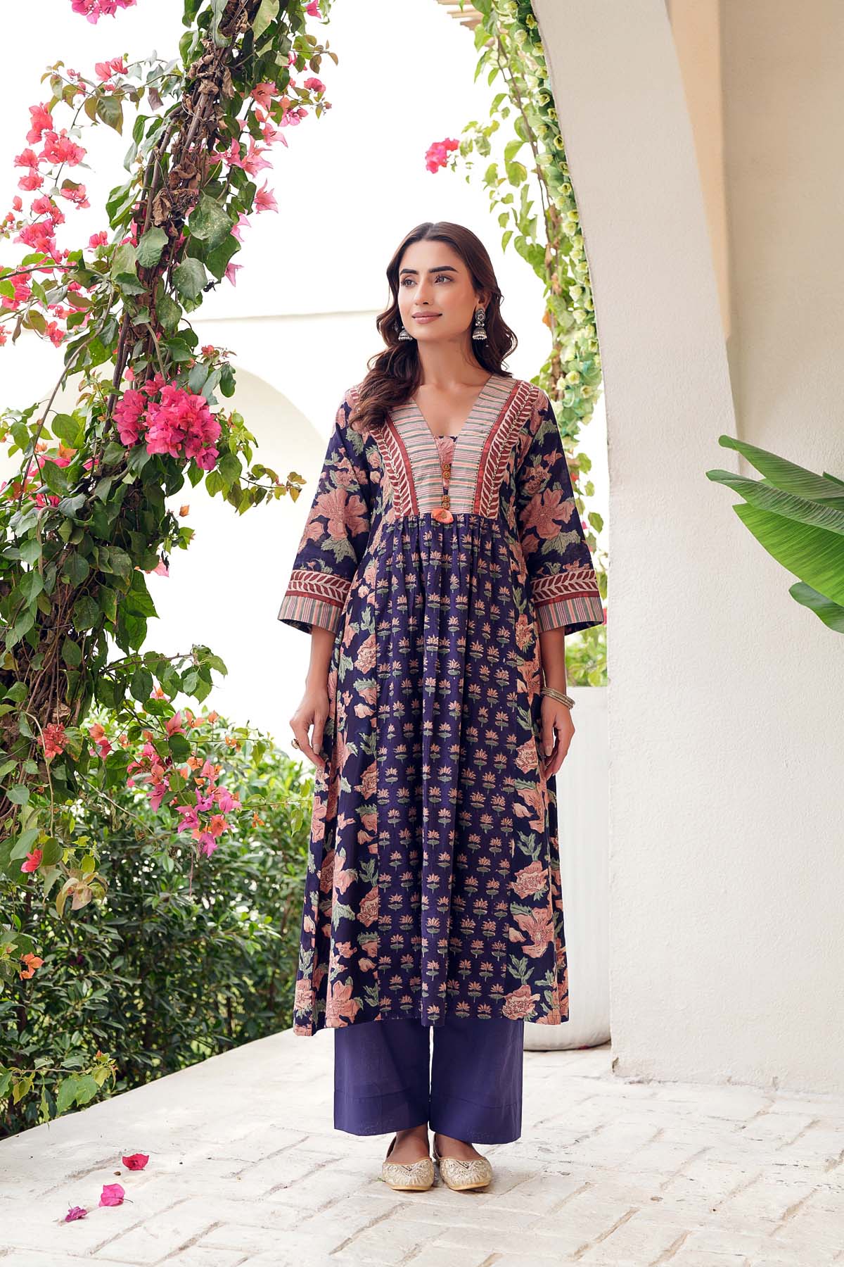 A-Line Long Length Kurta In Purple Floral Print