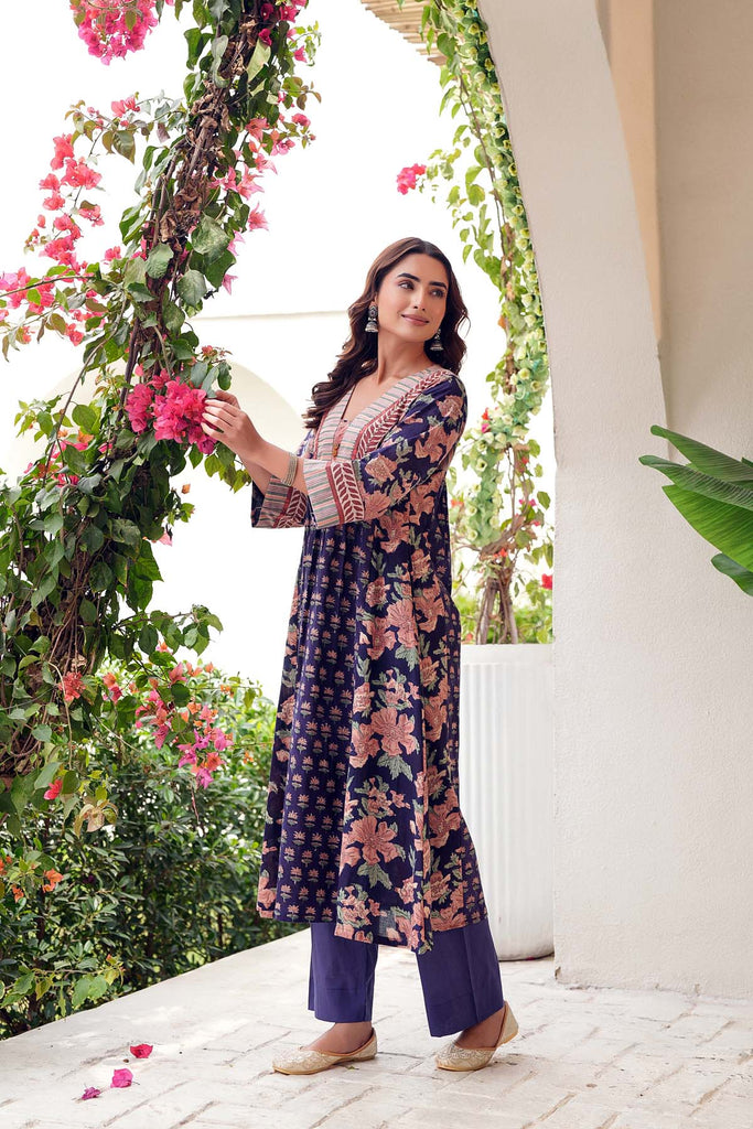 A-Line Long Length Kurta In Purple Floral Print